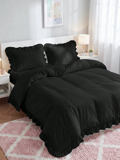 2/3pcs Ruffle Duvet Cover Set, Dorm Bedding, Black Bedding Set, Cozy Room Decor, Skin-Friendly Breathable, Ultra Soft Anti-Pilling, No Duvet Insert, Suitable For Twin/Full/Queen/King Size Bed, All Sea
