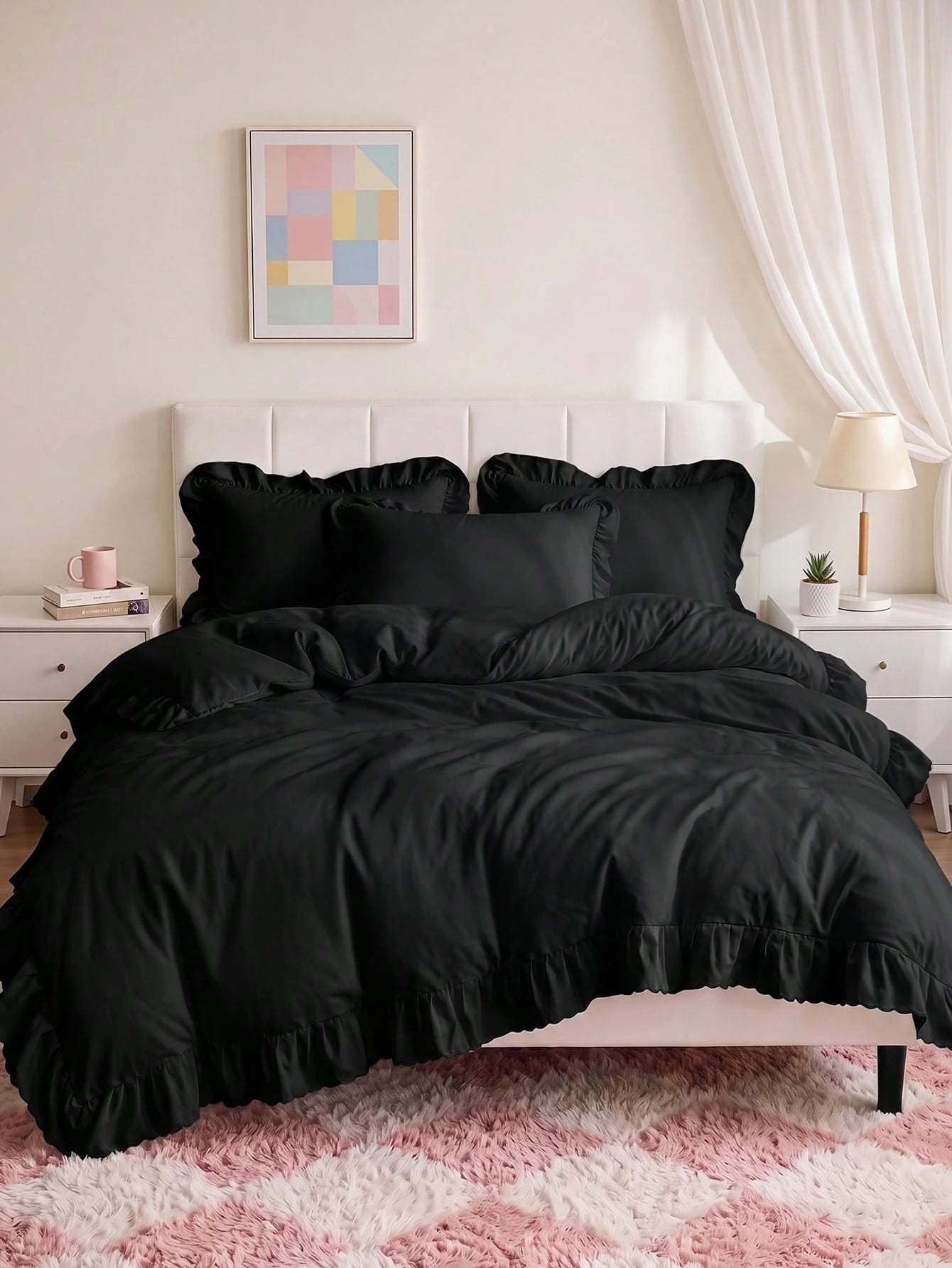 2/3pcs Ruffle Duvet Cover Set, Dorm Bedding, Black Bedding Set, Cozy Room Decor, Skin-Friendly Breathable, Ultra Soft Anti-Pilling, No Duvet Insert, Suitable For Twin/Full/Queen/King Size Bed, All Sea