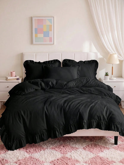 2/3pcs Ruffle Duvet Cover Set, Dorm Bedding, Black Bedding Set, Cozy Room Decor, Skin-Friendly Breathable, Ultra Soft Anti-Pilling, No Duvet Insert, Suitable For Twin/Full/Queen/King Size Bed, All Sea