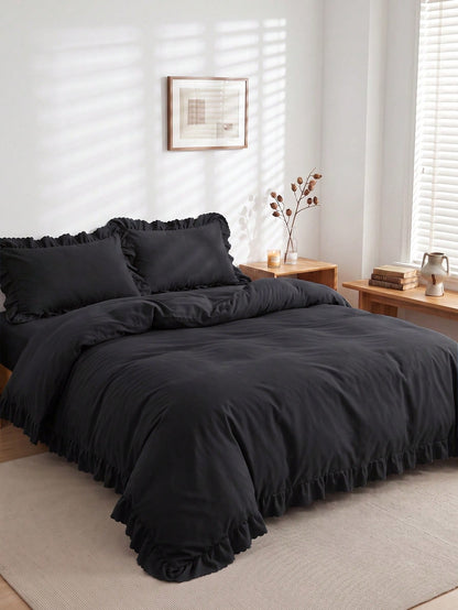 2/3pcs Ruffle Duvet Cover Set, Dorm Bedding, Black Bedding Set, Cozy Room Decor, Skin-Friendly Breathable, Ultra Soft Anti-Pilling, No Duvet Insert, Suitable For Twin/Full/Queen/King Size Bed, All Sea