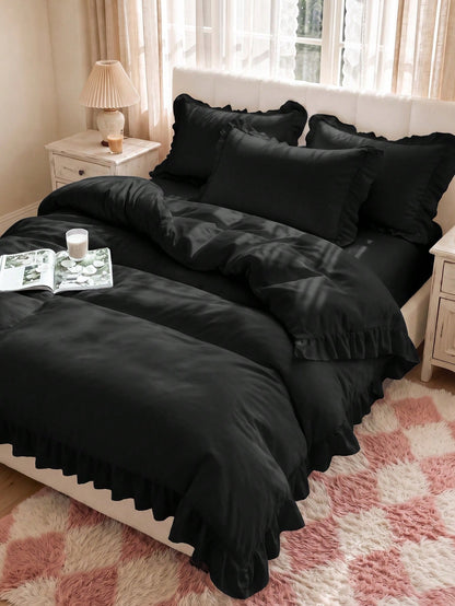 2/3pcs Ruffle Duvet Cover Set, Dorm Bedding, Black Bedding Set, Cozy Room Decor, Skin-Friendly Breathable, Ultra Soft Anti-Pilling, No Duvet Insert, Suitable For Twin/Full/Queen/King Size Bed, All Sea