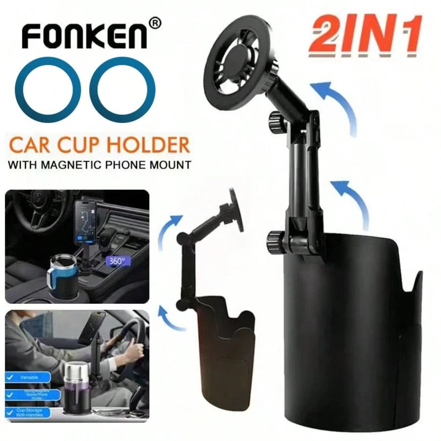 2-In-1 Car Cup Holder Magnetic Phone Mount, 360° Rotation, With Universal Drink Holder
