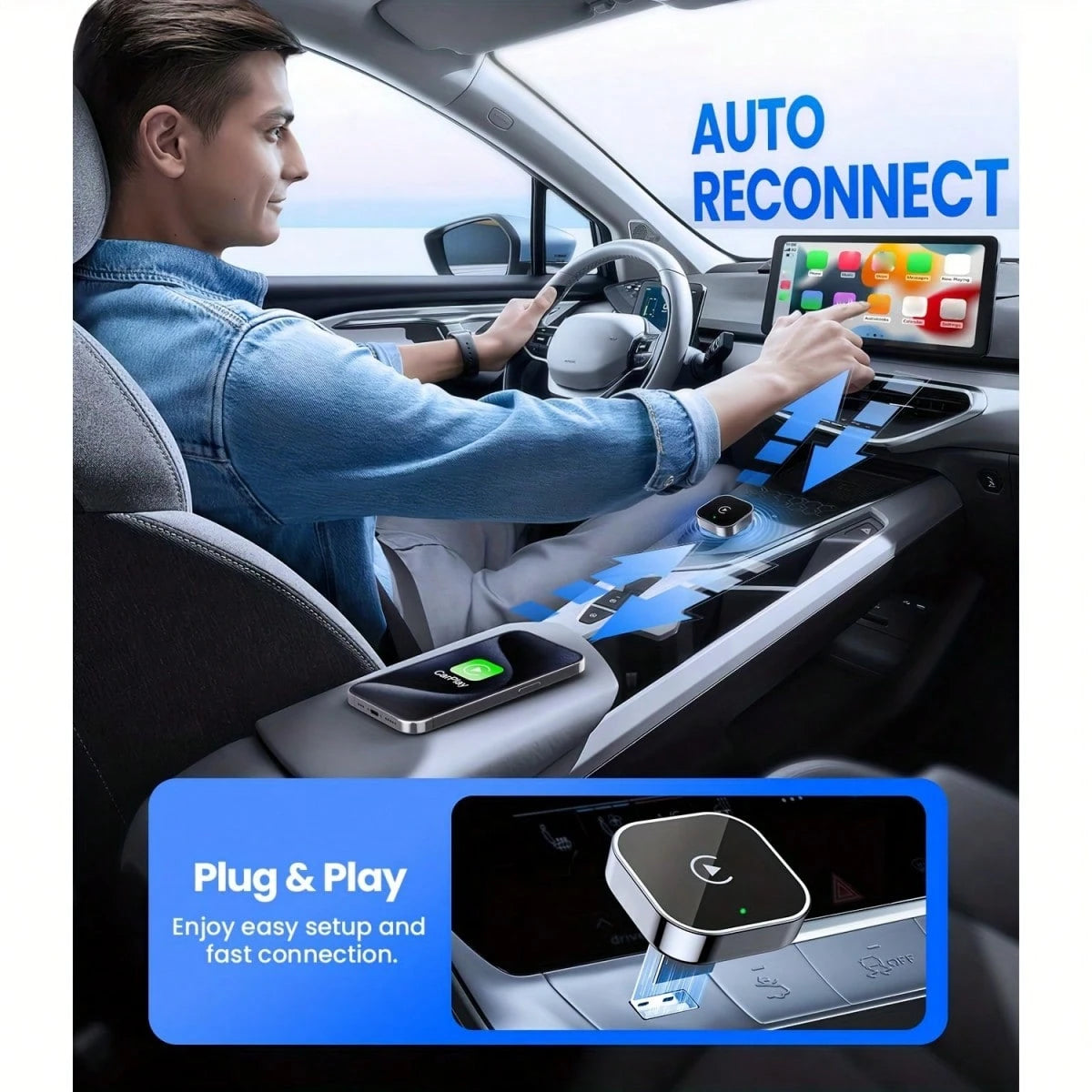 2-In-1 Wireless CarPlay & Android Auto Adapter- Plug & Play CarPlay Dongle Converter, Fast Auto-Connect, No Delay, Compact Design For IPhone & Android With USB/USB-C Port (Black), Wireless Carplay Ad