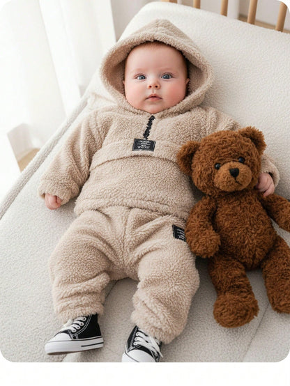2-Pack Baby Boy Beige Winter Cute Holiday Plush Hooded Sweatshirt And Trousers Set,Casual Simple Soft Outfits For Birthday Parties,Baptisms&Daily