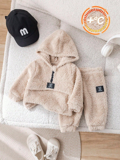 2-Pack Baby Boy Beige Winter Cute Holiday Plush Hooded Sweatshirt And Trousers Set,Casual Simple Soft Outfits For Birthday Parties,Baptisms&Daily