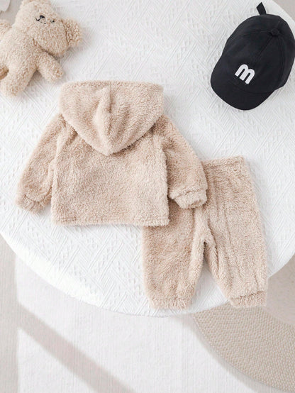 2-Pack Baby Boy Beige Winter Cute Holiday Plush Hooded Sweatshirt And Trousers Set,Casual Simple Soft Outfits For Birthday Parties,Baptisms&Daily