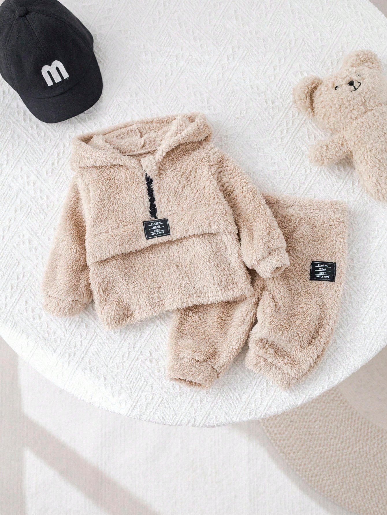 2-Pack Baby Boy Beige Winter Cute Holiday Plush Hooded Sweatshirt And Trousers Set,Casual Simple Soft Outfits For Birthday Parties,Baptisms&Daily