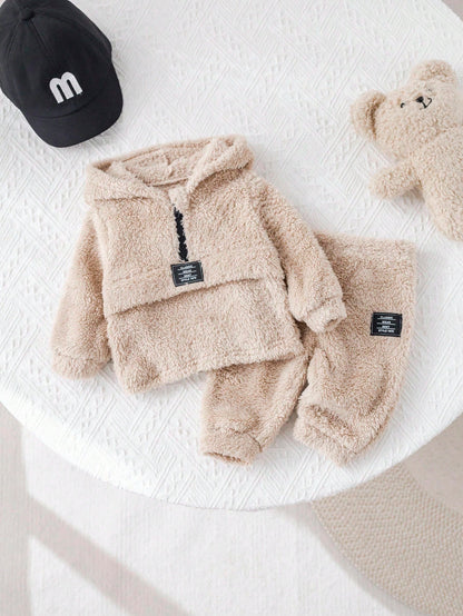 2-Pack Baby Boy Beige Winter Cute Holiday Plush Hooded Sweatshirt And Trousers Set,Casual Simple Soft Outfits For Birthday Parties,Baptisms&Daily