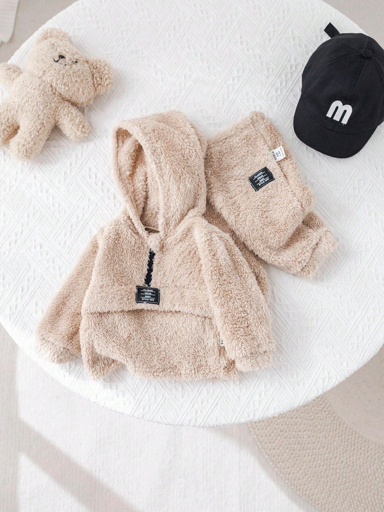 2-Pack Baby Boy Beige Winter Cute Holiday Plush Hooded Sweatshirt And Trousers Set,Casual Simple Soft Outfits For Birthday Parties,Baptisms&Daily