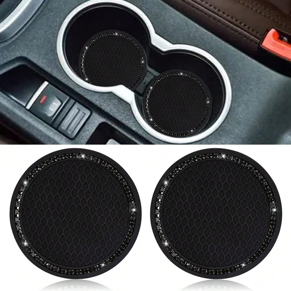 2 Pack Car Cup Holder Coaster, 2.75 Inch Bling Cup Holder Insert Mat| Universal Black Silicone Car Coasters With Diamond, Crystal Rhin