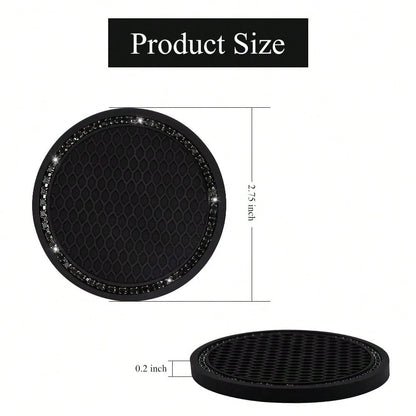 2 Pack Car Cup Holder Coaster, 2.75 Inch Bling Cup Holder Insert Mat| Universal Black Silicone Car Coasters With Diamond, Crystal Rhin