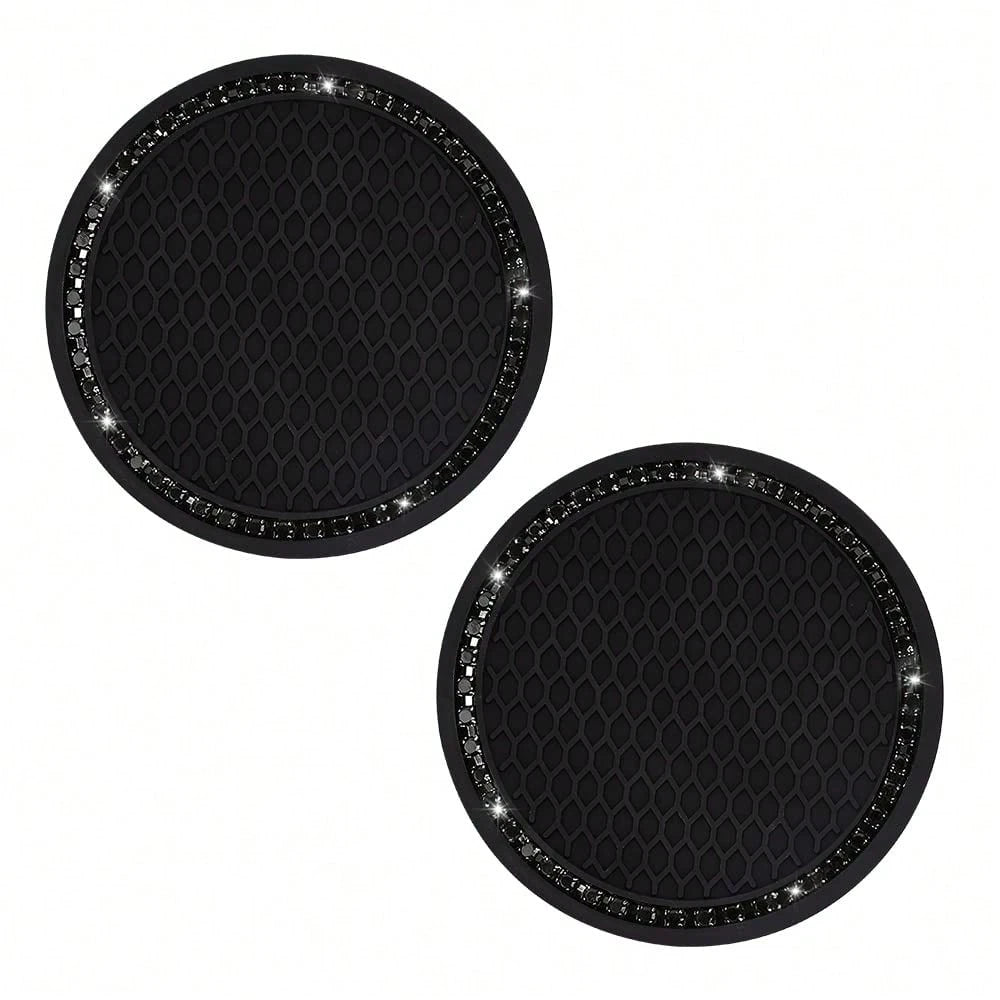 2 Pack Car Cup Holder Coaster, 2.75 Inch Bling Cup Holder Insert Mat| Universal Black Silicone Car Coasters With Diamond, Crystal Rhin