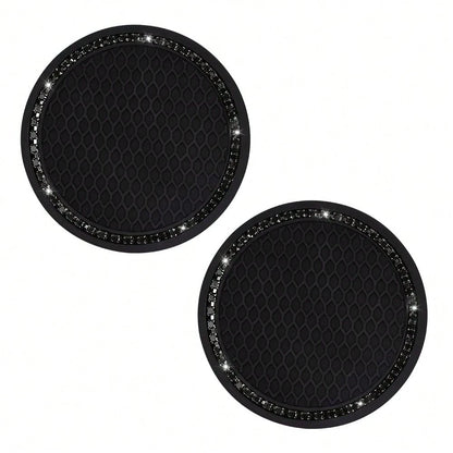 2 Pack Car Cup Holder Coaster, 2.75 Inch Bling Cup Holder Insert Mat| Universal Black Silicone Car Coasters With Diamond, Crystal Rhin