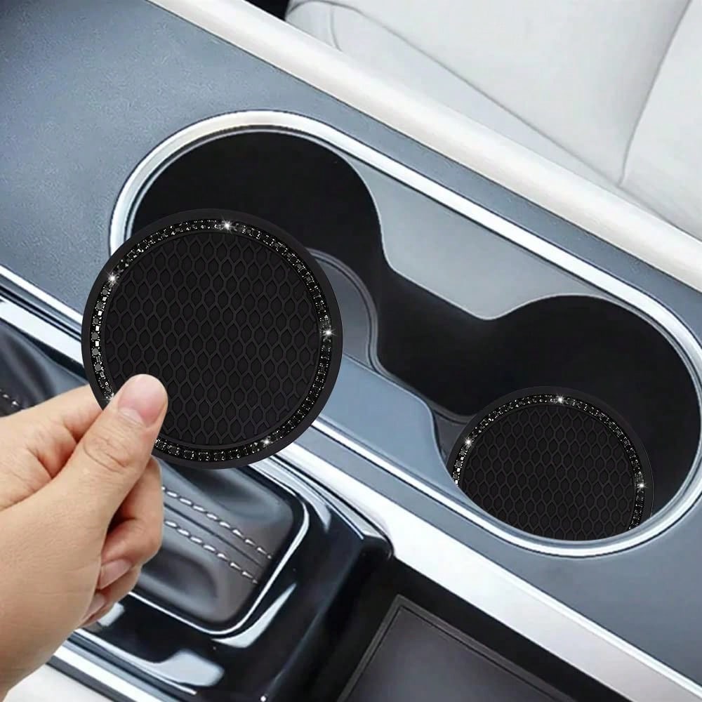 2 Pack Car Cup Holder Coaster, 2.75 Inch Bling Cup Holder Insert Mat| Universal Black Silicone Car Coasters With Diamond, Crystal Rhin