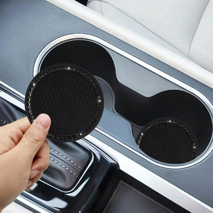 2 Pack Car Cup Holder Coaster, 2.75 Inch Bling Cup Holder Insert Mat| Universal Black Silicone Car Coasters With Diamond, Crystal Rhin