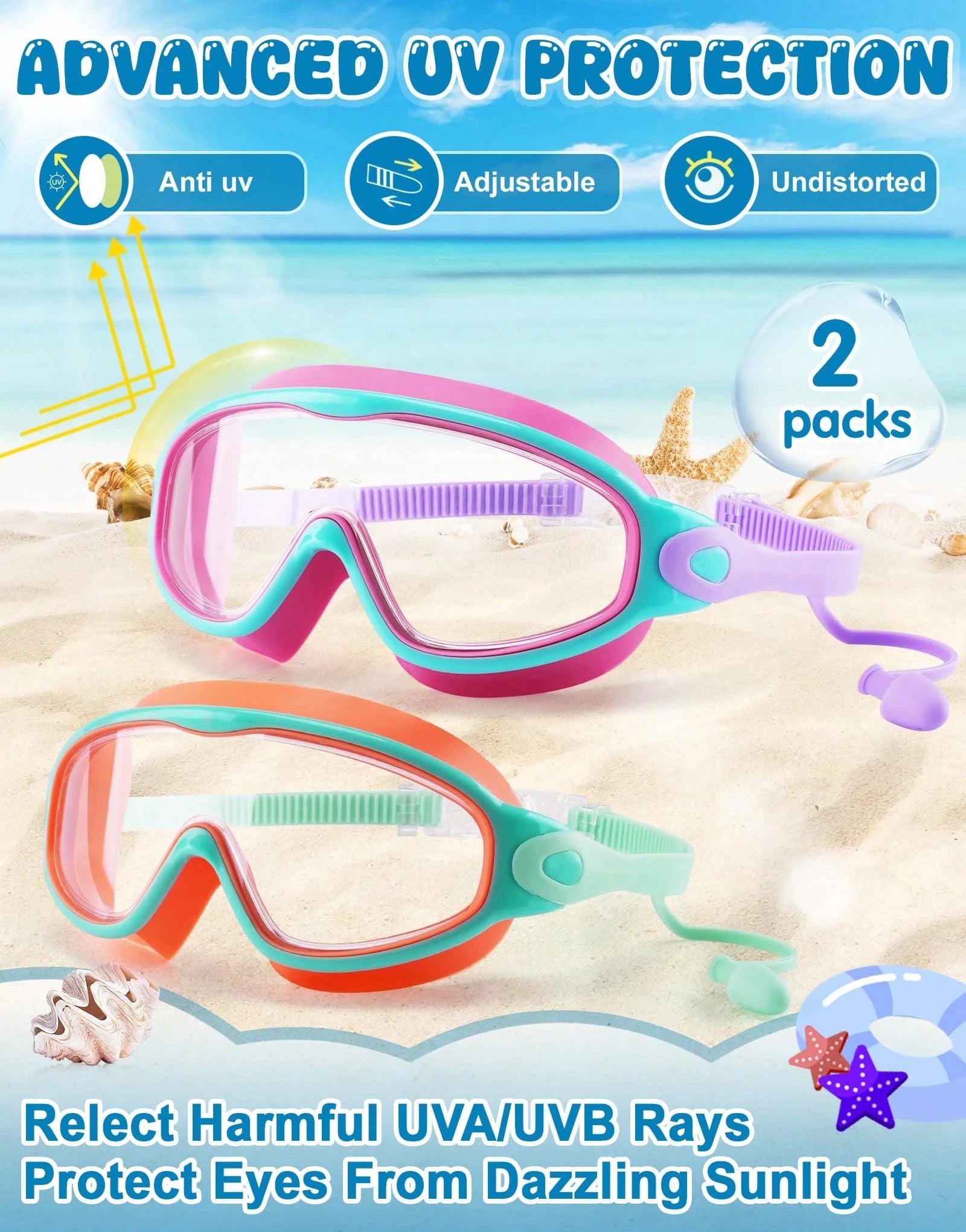 2 Packs Kids Swim Goggles For 3-15 UV Protection Anti-Fog Pool Water Swimming Goggles For Boys Girls Youth Toddler, Back To School