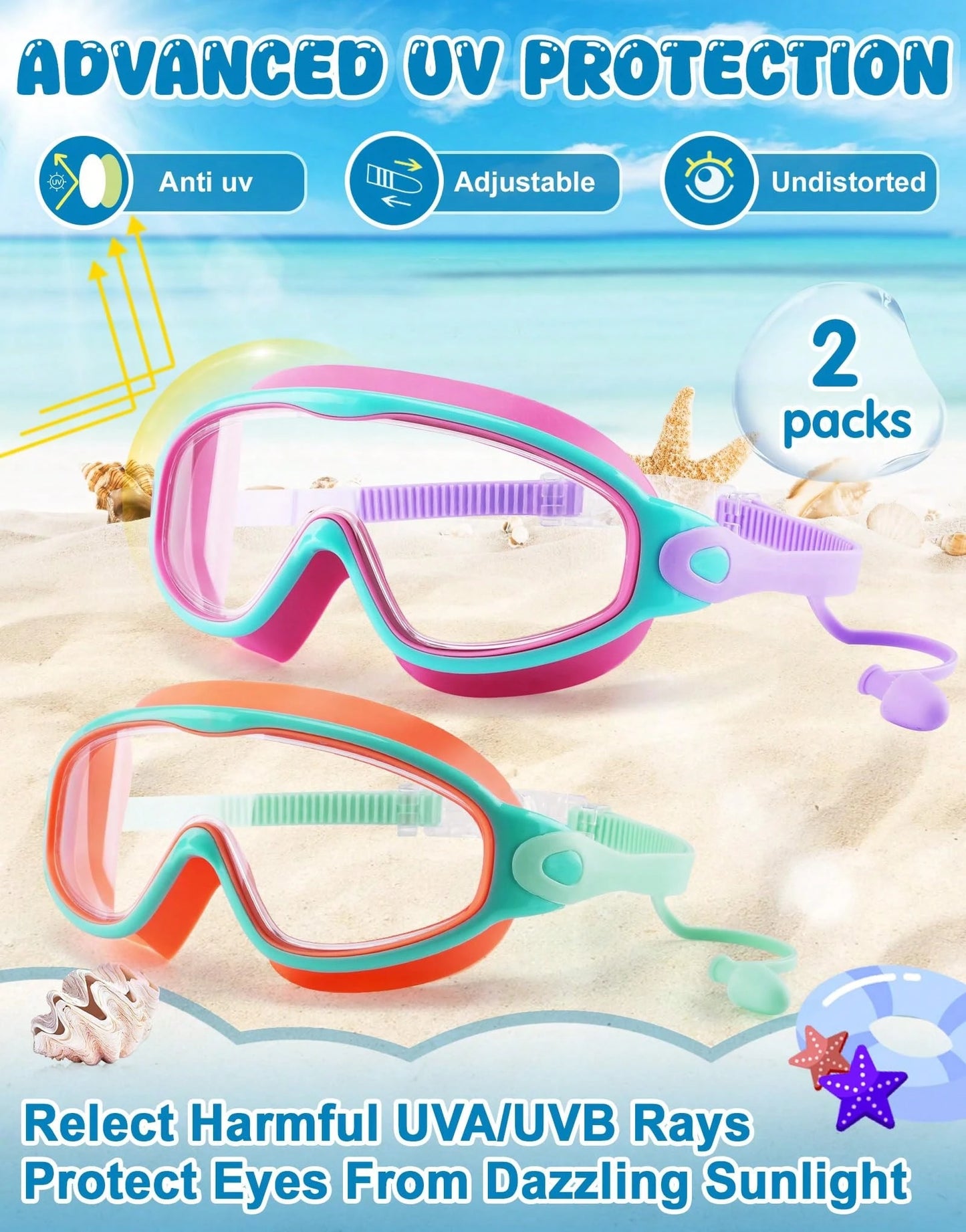 2 Packs Kids Swim Goggles For 3-15 UV Protection Anti-Fog Pool Water Swimming Goggles For Boys Girls Youth Toddler, Back To School