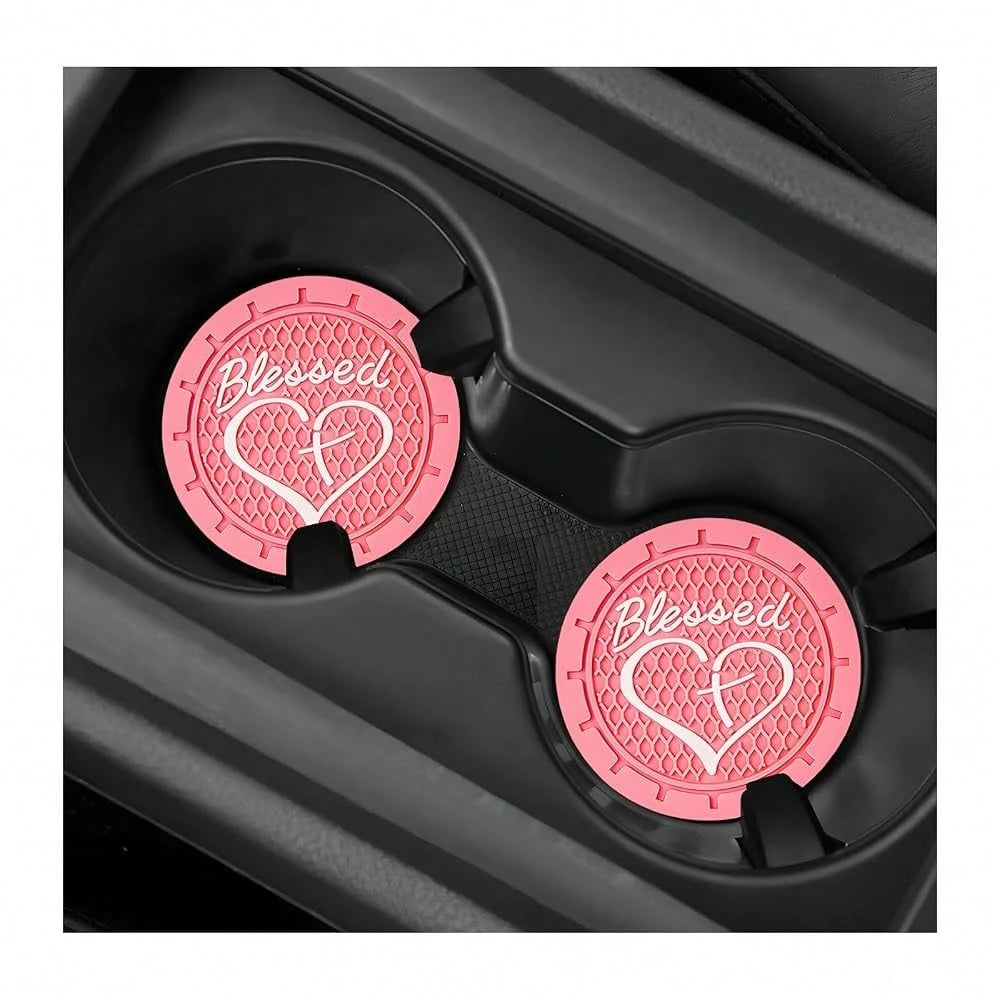 2 PCS Car Cup Holder Coaster, 2.76 Inch Soft PVC Non-Slip Blessed Cross And Heart Chris 1tian Car Cup Coasters, Auto Interior Shockproo