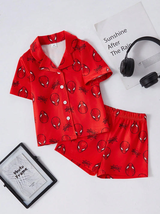 2-Piece Boys Toddler Lapel Collar Short Sleeve Pajamas With Shorts,Summer Red Cartoon Print Soft Knit Homewear Set For Baby Boys Indoor Lounging