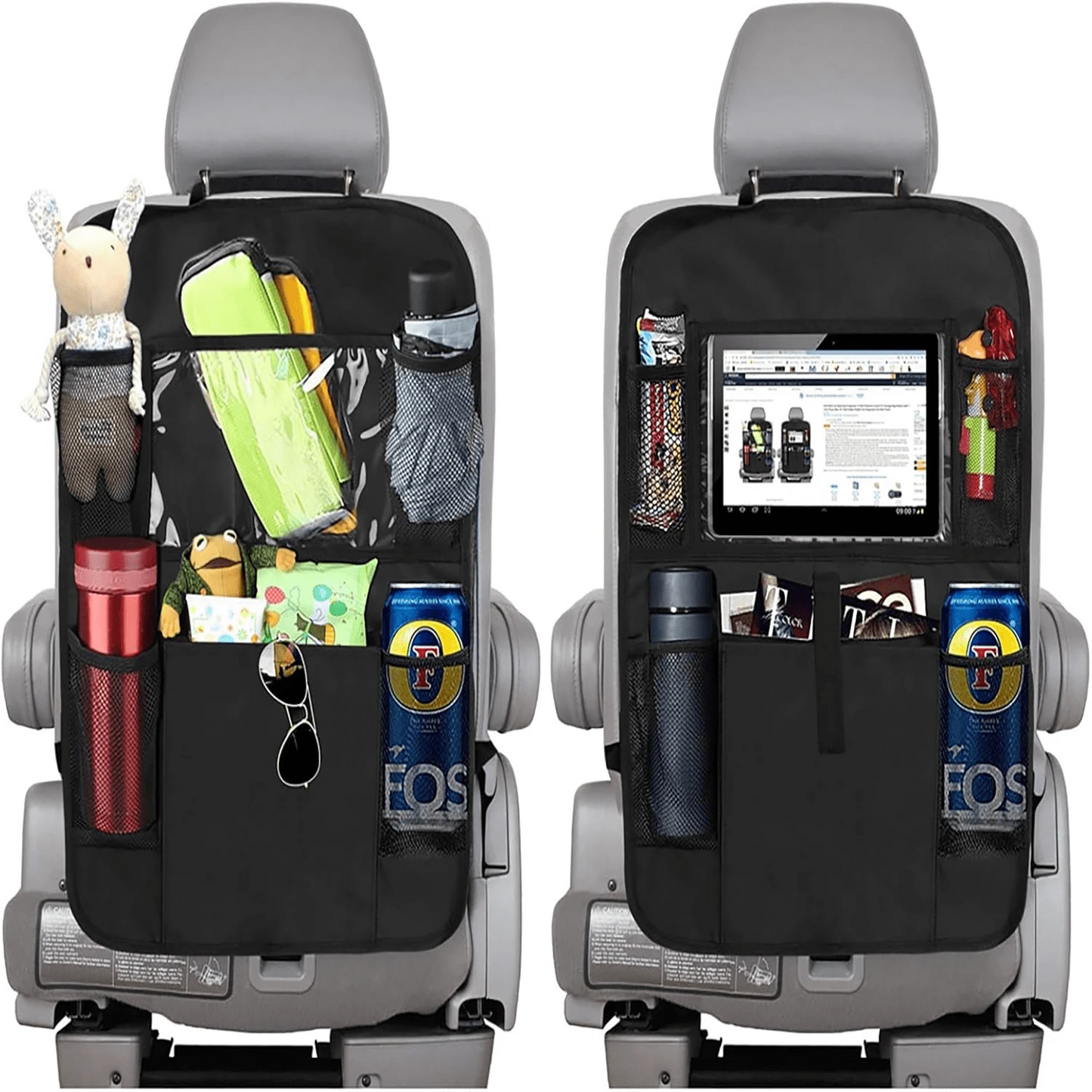 2-Piece Car Rear Seat Organizer With Tablet Stand, 9 Storage Pockets, USB/ Headphone Slot, Backrest Protector, Versatile Design