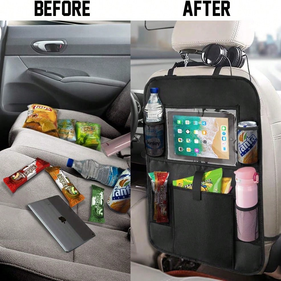 2-Piece Car Rear Seat Organizer With Tablet Stand, 9 Storage Pockets, USB/ Headphone Slot, Backrest Protector, Versatile Design