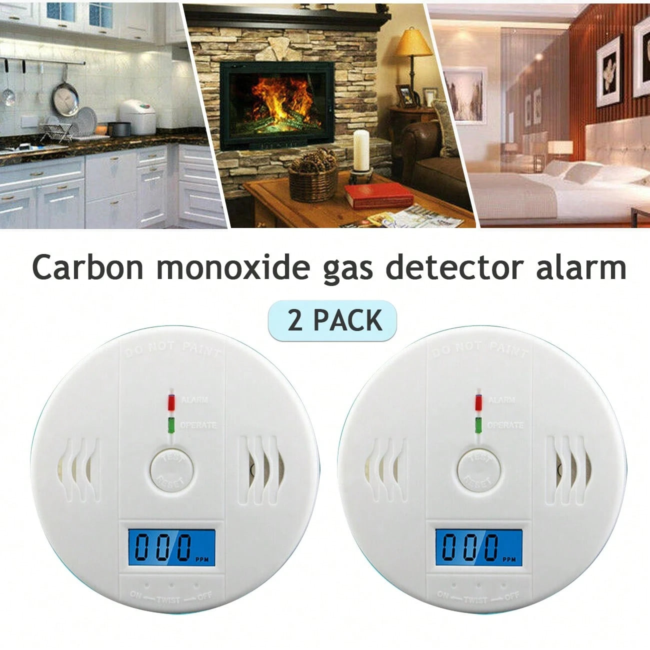 2 Pieces Carbon Monoxide Gas Sound Detection Alarm, Kitchen Basement Travel Home Office Bedroom Living Room Car, Battery Powered, Battery Not Included