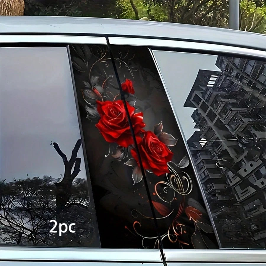 2 Sets Rose Car Stickers- Waterproof Scratch-Resistant Self-Adhesive Glossy Red Rose And Black Vortex Decorative Stickers, Suitable For Car Door Pillars, Vinyl Material