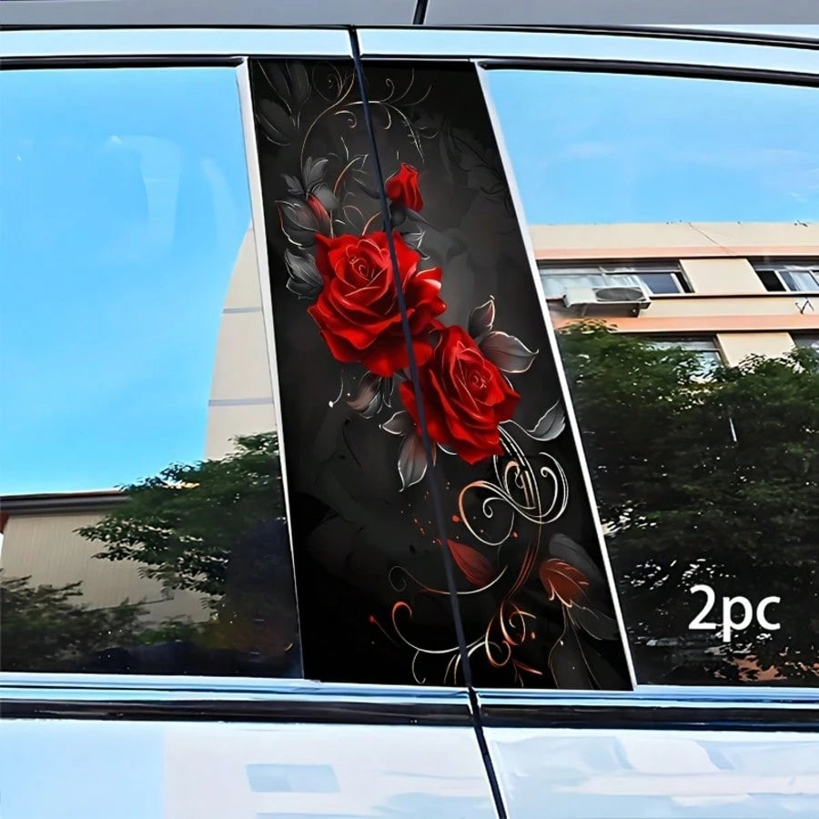 2 Sets Rose Car Stickers- Waterproof Scratch-Resistant Self-Adhesive Glossy Red Rose And Black Vortex Decorative Stickers, Suitable For Car Door Pillars, Vinyl Material