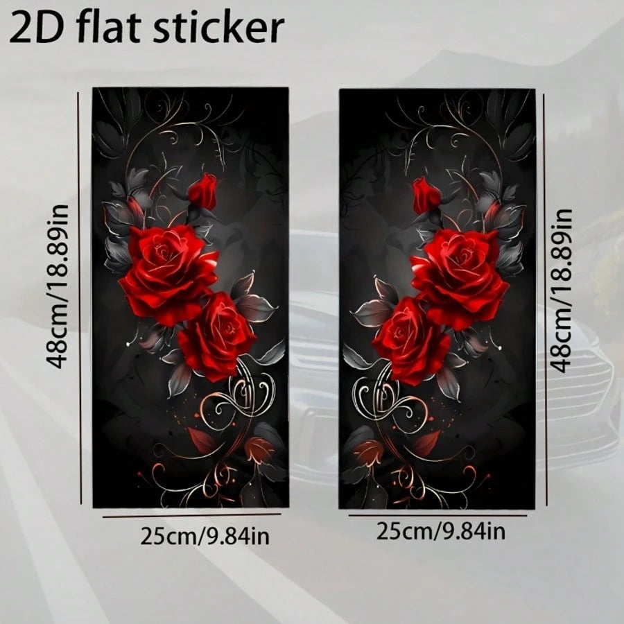 2 Sets Rose Car Stickers- Waterproof Scratch-Resistant Self-Adhesive Glossy Red Rose And Black Vortex Decorative Stickers, Suitable For Car Door Pillars, Vinyl Material