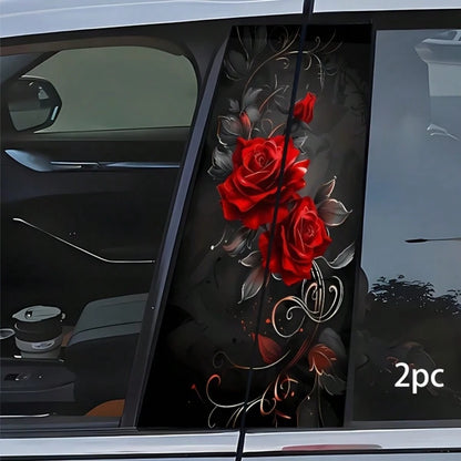 2 Sets Rose Car Stickers- Waterproof Scratch-Resistant Self-Adhesive Glossy Red Rose And Black Vortex Decorative Stickers, Suitable For Car Door Pillars, Vinyl Material