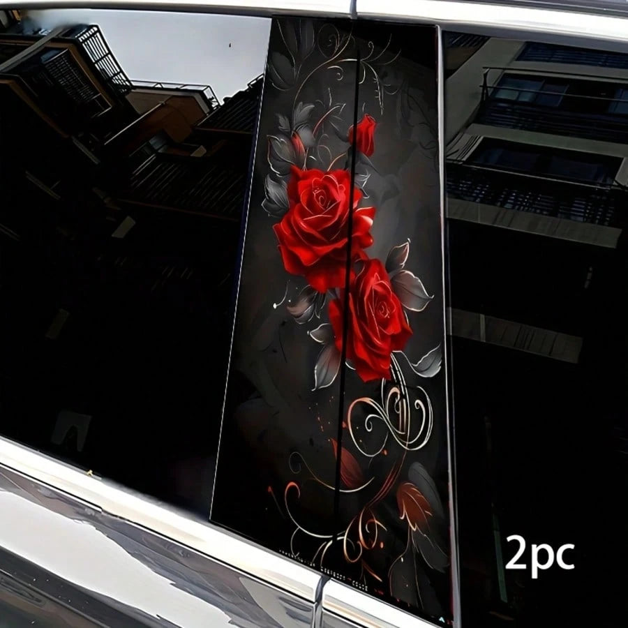 2 Sets Rose Car Stickers- Waterproof Scratch-Resistant Self-Adhesive Glossy Red Rose And Black Vortex Decorative Stickers, Suitable For Car Door Pillars, Vinyl Material