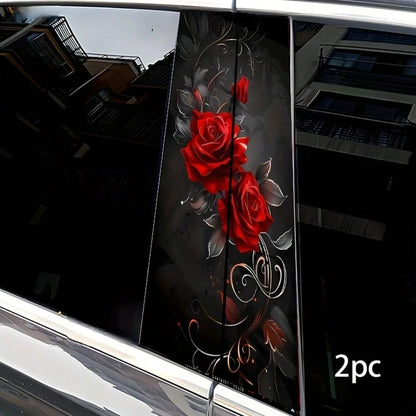 2 Sets Rose Car Stickers- Waterproof Scratch-Resistant Self-Adhesive Glossy Red Rose And Black Vortex Decorative Stickers, Suitable For Car Door Pillars, Vinyl Material
