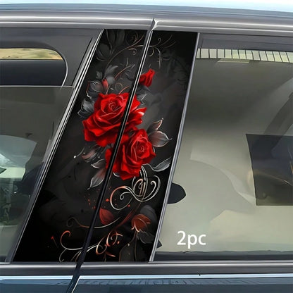 2 Sets Rose Car Stickers- Waterproof Scratch-Resistant Self-Adhesive Glossy Red Rose And Black Vortex Decorative Stickers, Suitable For Car Door Pillars, Vinyl Material