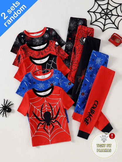 2 Sets Toddler Boys' Pajamas, Random Assorted, Casual Stretchy Knit, Superhero Cartoon Patchwork Crew Neck Short Sleeve Top & Pants Snug Fit