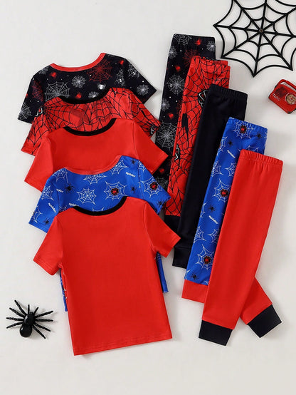 2 Sets Toddler Boys' Pajamas, Random Assorted, Casual Stretchy Knit, Superhero Cartoon Patchwork Crew Neck Short Sleeve Top & Pants Snug Fit