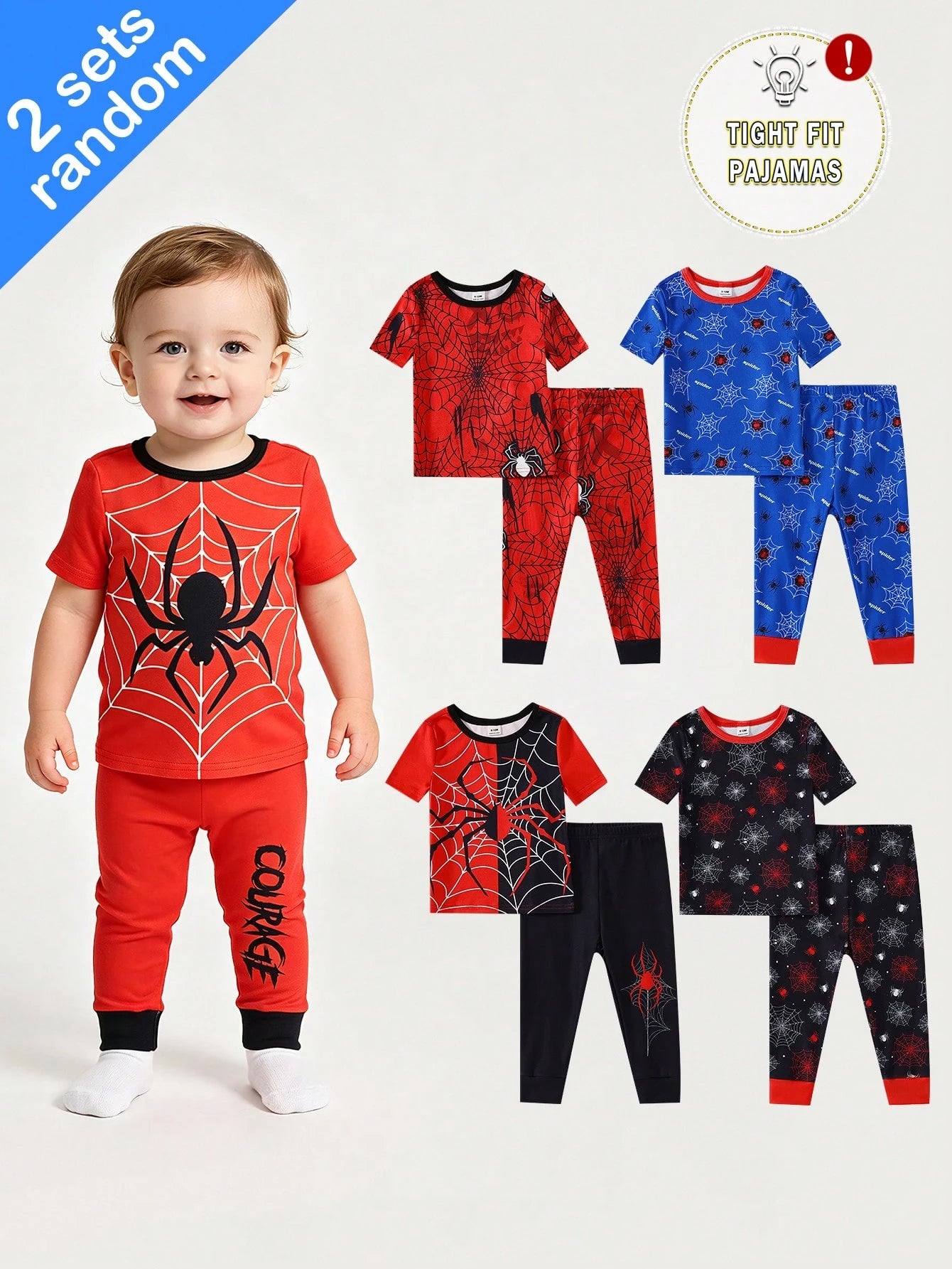 2 Sets Toddler Boys' Pajamas, Random Assorted, Casual Stretchy Knit, Superhero Cartoon Patchwork Crew Neck Short Sleeve Top & Pants Snug Fit