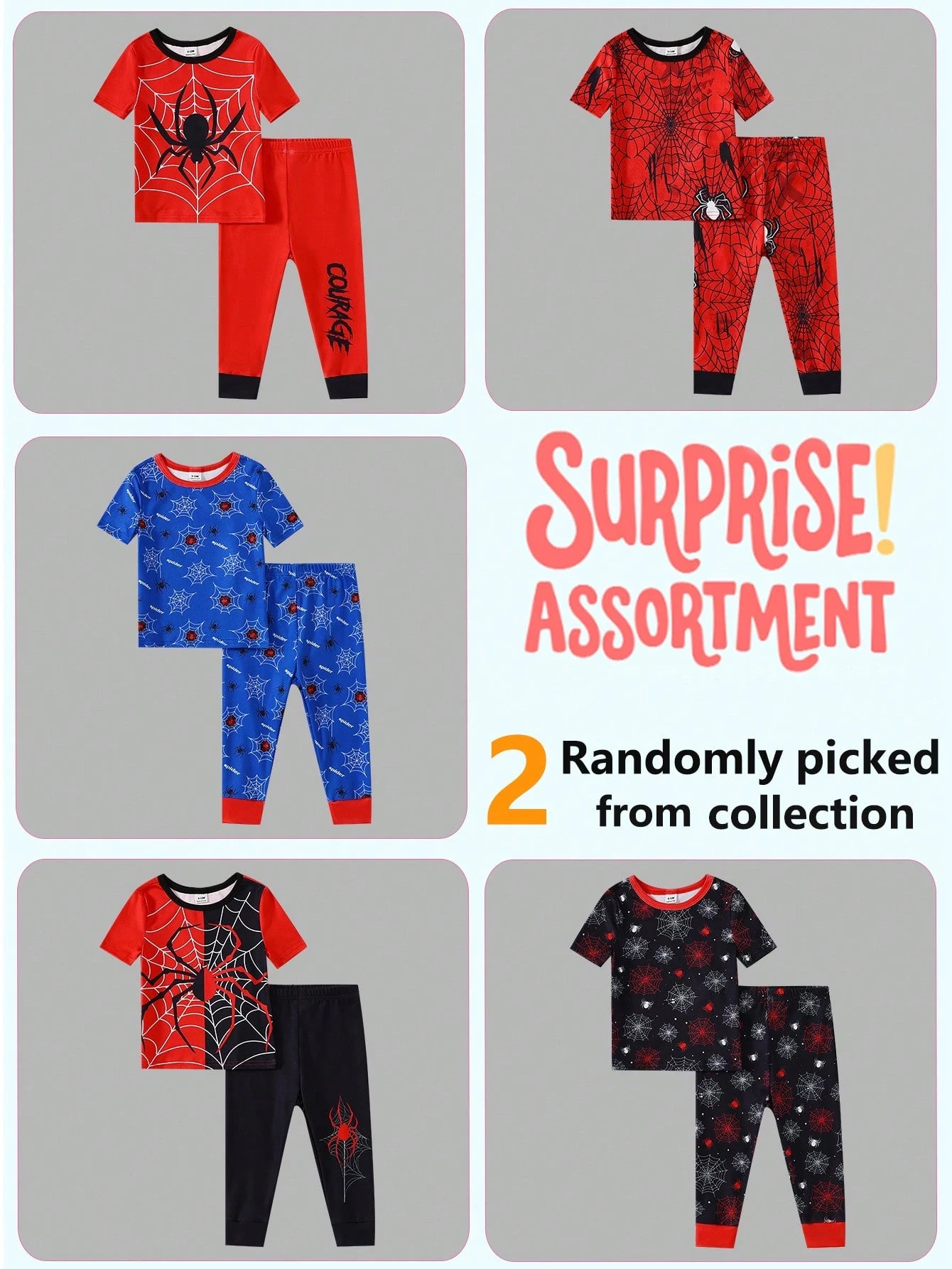 2 Sets Toddler Boys' Pajamas, Random Assorted, Casual Stretchy Knit, Superhero Cartoon Patchwork Crew Neck Short Sleeve Top & Pants Snug Fit