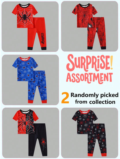 2 Sets Toddler Boys' Pajamas, Random Assorted, Casual Stretchy Knit, Superhero Cartoon Patchwork Crew Neck Short Sleeve Top & Pants Snug Fit