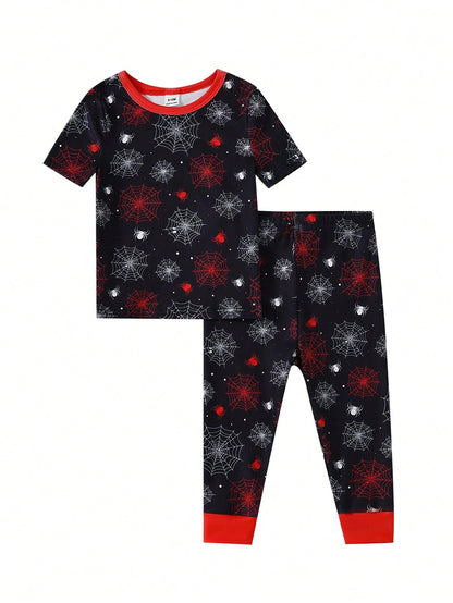 2 Sets Toddler Boys' Pajamas, Random Assorted, Casual Stretchy Knit, Superhero Cartoon Patchwork Crew Neck Short Sleeve Top & Pants Snug Fit