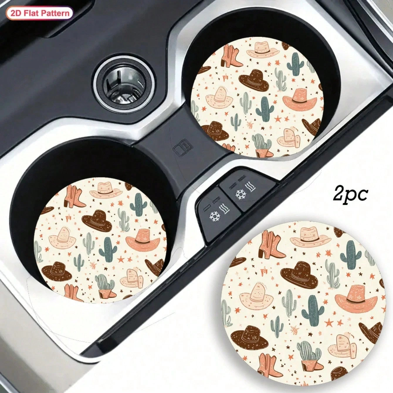 2 Western Cowboy Cup Holders With Cactus And Cowboy Hat Design- Non-Slip Durable Car Coasters, All-Season Brown/Beige/Black/White Patterns, Compatible With All Vehicles, Easy To Clean, Suitable For M