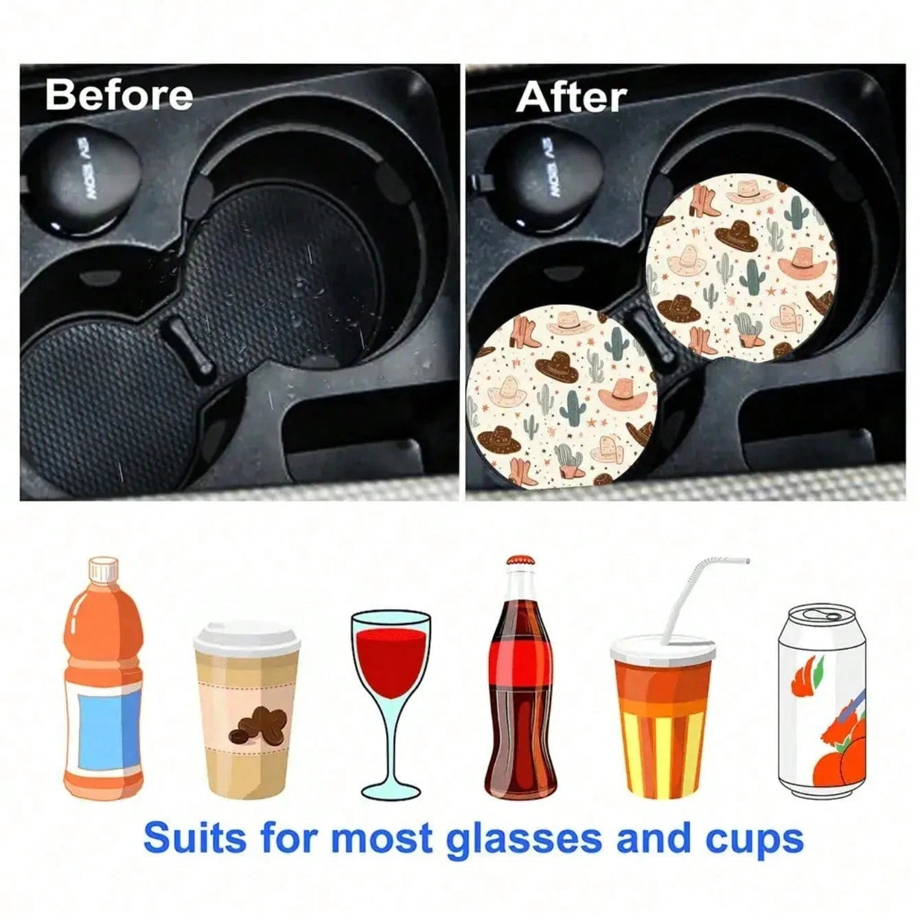 2 Western Cowboy Cup Holders With Cactus And Cowboy Hat Design- Non-Slip Durable Car Coasters, All-Season Brown/Beige/Black/White Patterns, Compatible With All Vehicles, Easy To Clean, Suitable For M