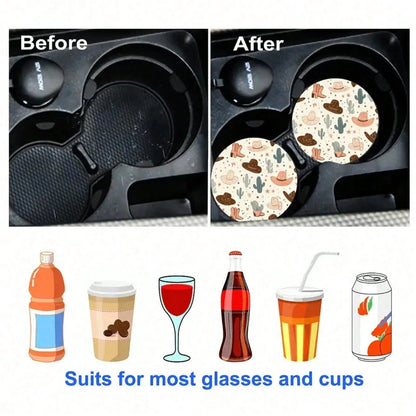 2 Western Cowboy Cup Holders With Cactus And Cowboy Hat Design- Non-Slip Durable Car Coasters, All-Season Brown/Beige/Black/White Patterns, Compatible With All Vehicles, Easy To Clean, Suitable For M