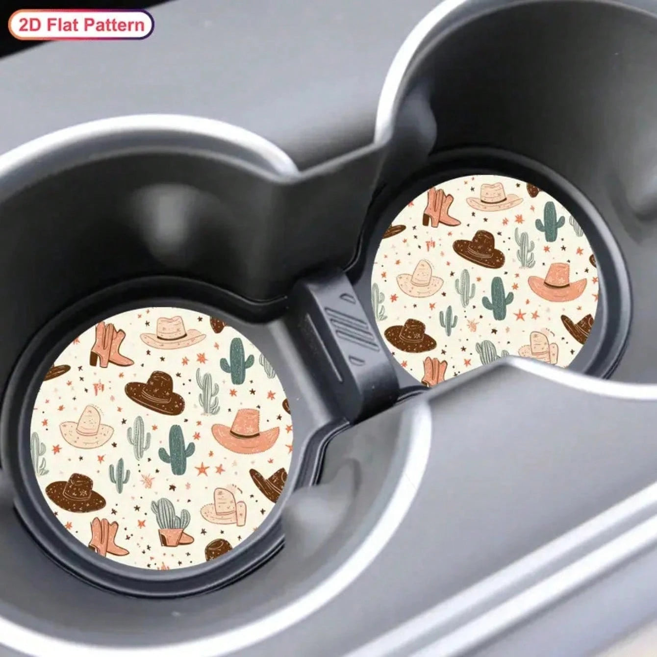 2 Western Cowboy Cup Holders With Cactus And Cowboy Hat Design- Non-Slip Durable Car Coasters, All-Season Brown/Beige/Black/White Patterns, Compatible With All Vehicles, Easy To Clean, Suitable For M