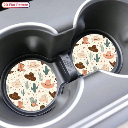 2 Western Cowboy Cup Holders With Cactus And Cowboy Hat Design- Non-Slip Durable Car Coasters, All-Season Brown/Beige/Black/White Patterns, Compatible With All Vehicles, Easy To Clean, Suitable For M