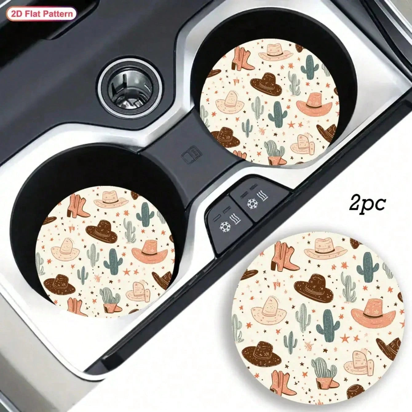 2 Western Cowboy Cup Holders With Cactus And Cowboy Hat Design- Non-Slip Durable Car Coasters, All-Season Brown/Beige/Black/White Patterns, Compatible With All Vehicles, Easy To Clean, Suitable For M
