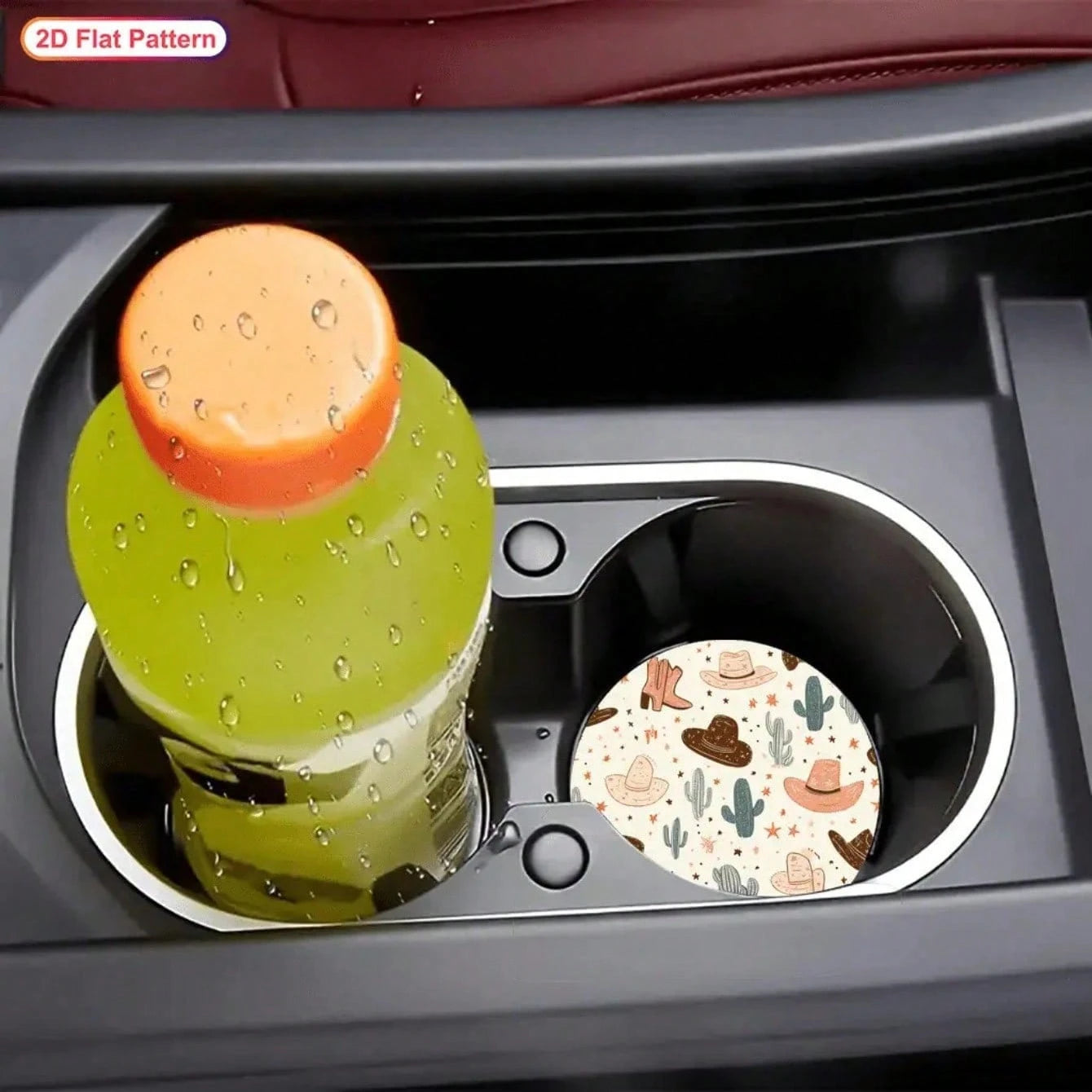 2 Western Cowboy Cup Holders With Cactus And Cowboy Hat Design- Non-Slip Durable Car Coasters, All-Season Brown/Beige/Black/White Patterns, Compatible With All Vehicles, Easy To Clean, Suitable For M