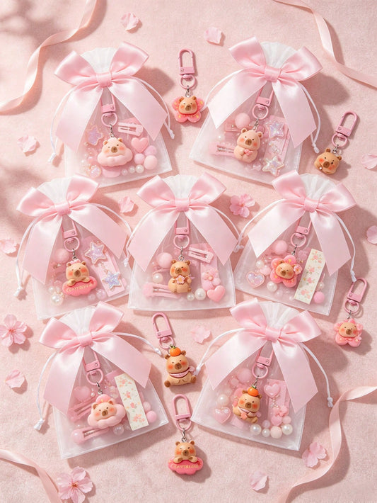 20/10/1 Set- Cartoon Pink Capybara Keychain With Bow Organza Bag Gift Set- Fun Cartoon Capybara Keychain, Resin Material Smooth Flat Bottom Capybara Animal Pendant, DIY Fillable Gift Bag, Suitable A
