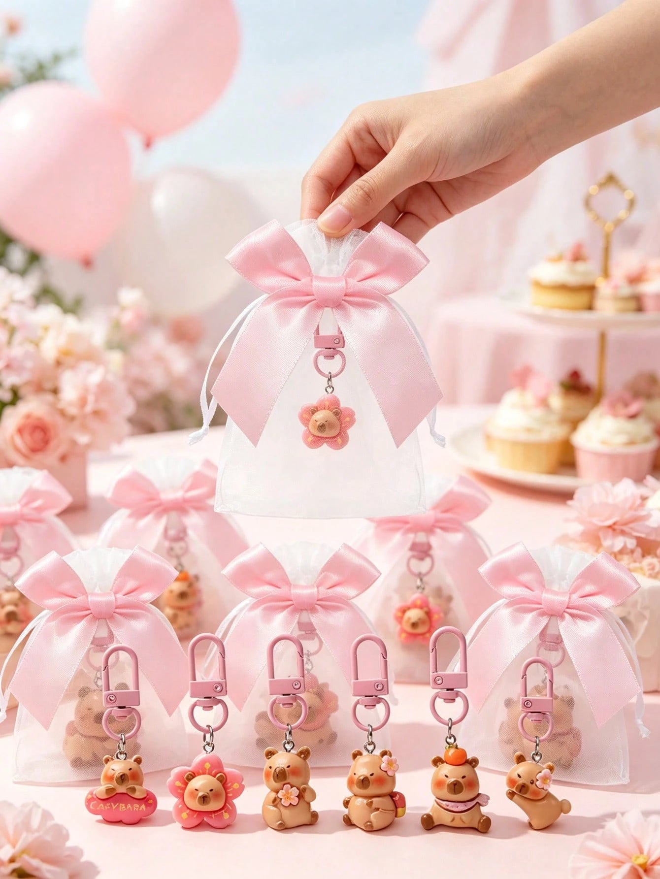 20/10/1 Set- Cartoon Pink Capybara Keychain With Bow Organza Bag Gift Set- Fun Cartoon Capybara Keychain, Resin Material Smooth Flat Bottom Capybara Animal Pendant, DIY Fillable Gift Bag, Suitable A