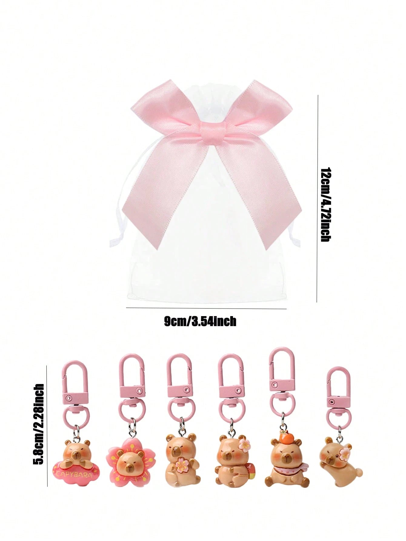20/10/1 Set- Cartoon Pink Capybara Keychain With Bow Organza Bag Gift Set- Fun Cartoon Capybara Keychain, Resin Material Smooth Flat Bottom Capybara Animal Pendant, DIY Fillable Gift Bag, Suitable A