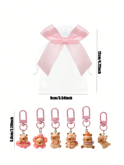 20/10/1 Set- Cartoon Pink Capybara Keychain With Bow Organza Bag Gift Set- Fun Cartoon Capybara Keychain, Resin Material Smooth Flat Bottom Capybara Animal Pendant, DIY Fillable Gift Bag, Suitable A